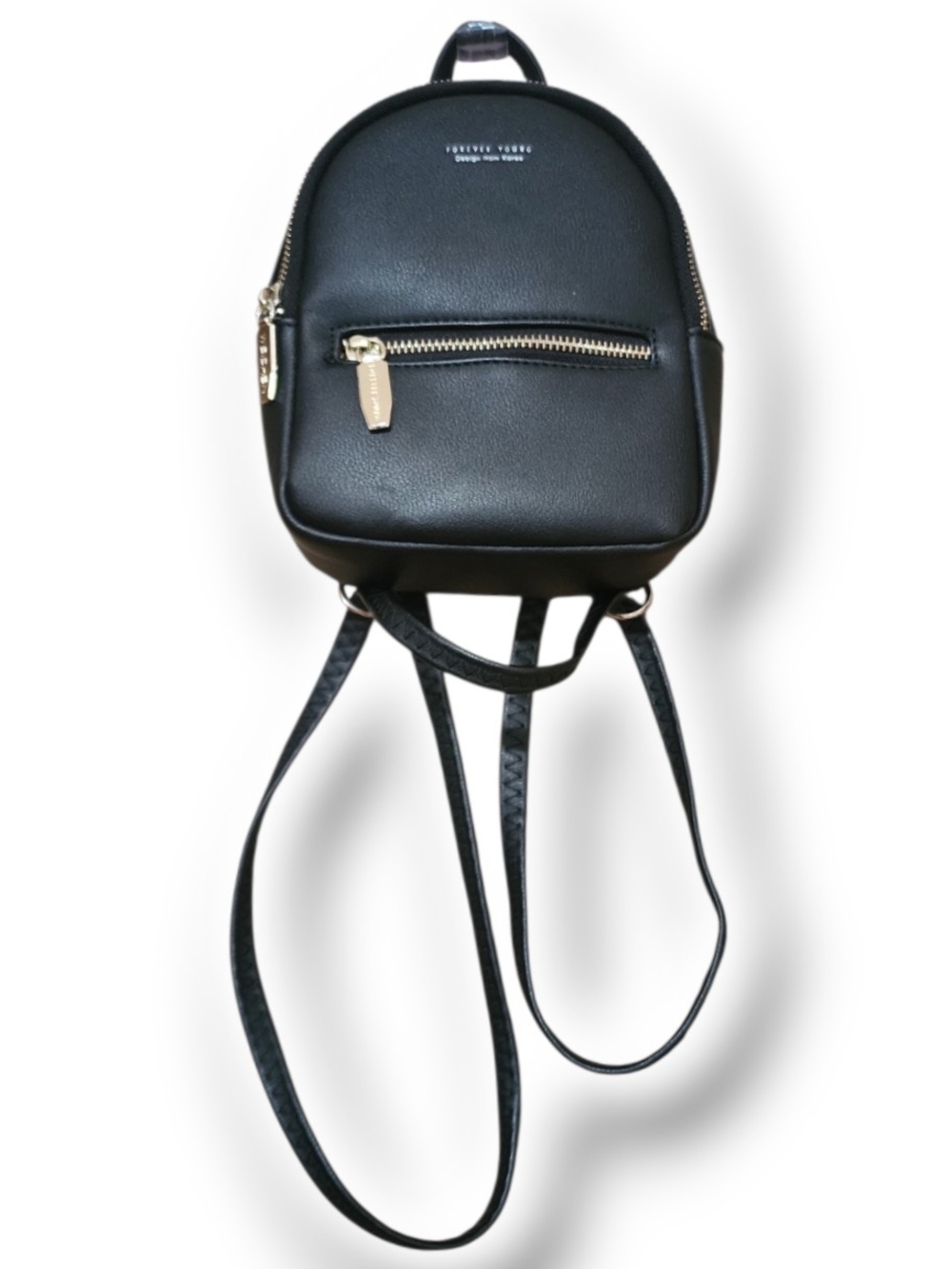 Forever Young Black Mini Faux Leather Backpack with Gold Hardware